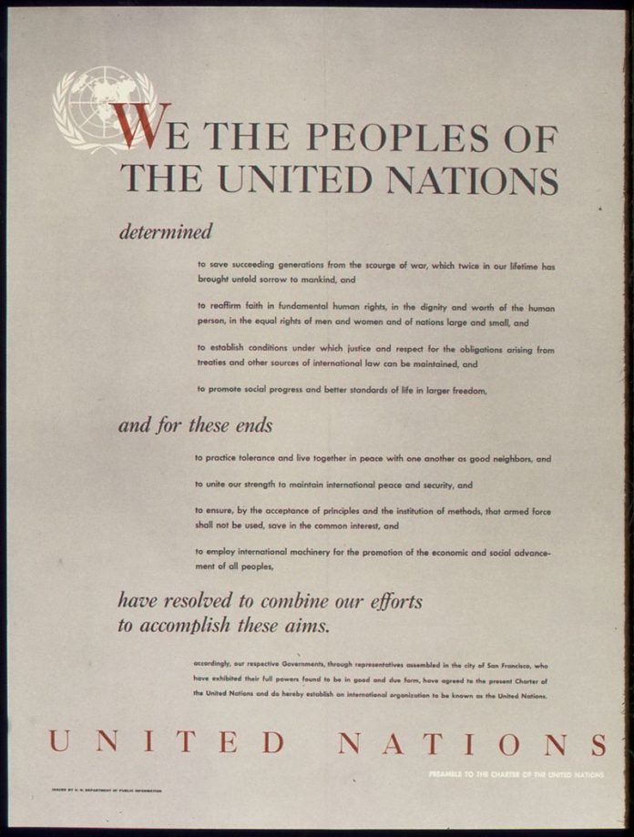 Préambule de la Charte des Nations-Unies signée le 26 juin 1945 (source image archives nationales américaines)