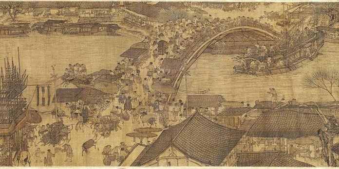 Le pont arc-en-ciel de la peinture 'Promenade le long du fleuve le jour du festival Qingming' (détail de l'original, source wikimedia commons)