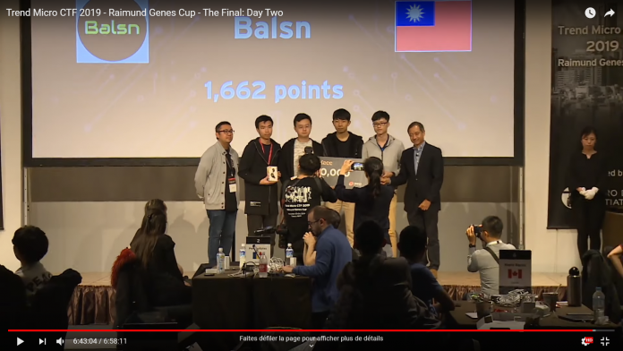 Equipe taiwanaise Balsn troisième prix de la Raimund Genes Cup 2019 à Tokyo (capture youtube Trend Micro CTF - Raimund Genes Cup)
