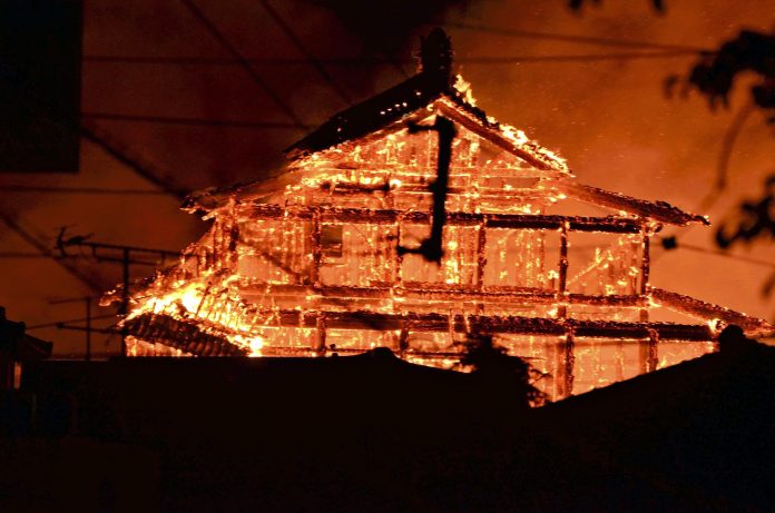 Shurijo castle on fire in Okinawa