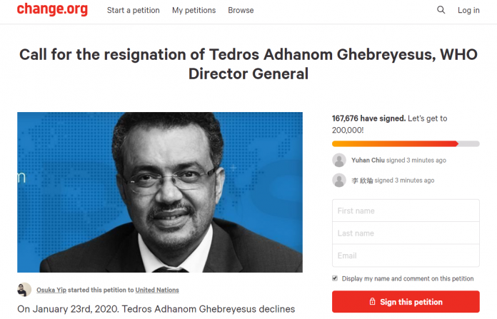 Pétition pour la démission du directeur général de l'OMS qui atteint plus de 170 000 signatures en 3 jours (capture change.org)