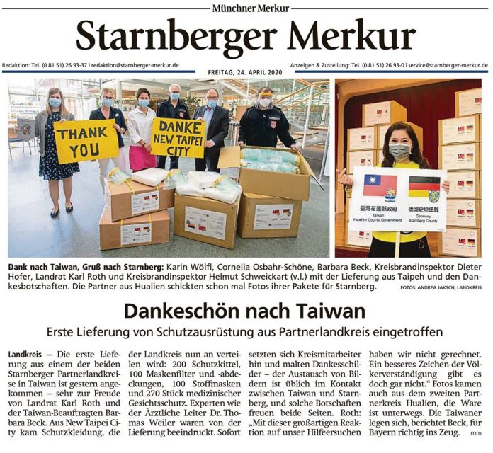 Les officiels de la ville de Starnberg en Bavière recoivent de l'équipement médical de la part de la ville du nouveau Taipei et du comté de Hualien (photo Starnberger Merkur)